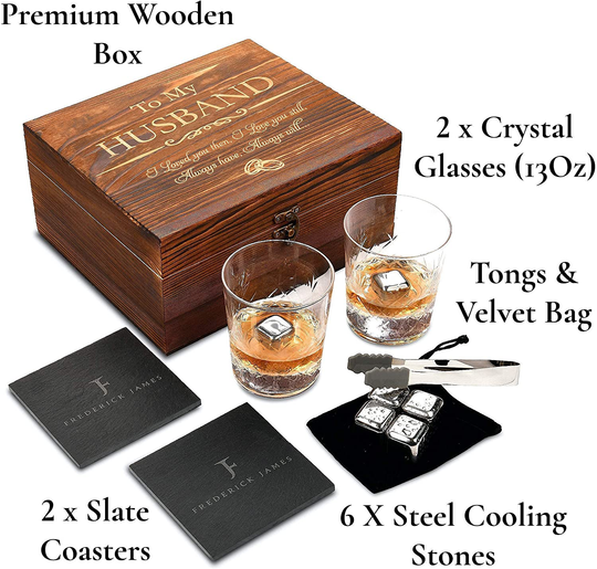 Anniversary Gi fts for Him I Anniversary for Husband - Whiskey Glass Set - 'To My Husband' I Wedding Anniversary Gift from Wife I Flamed Wood Case, 2 Hand-Cut Crystal Glasses, & Cooling Stones