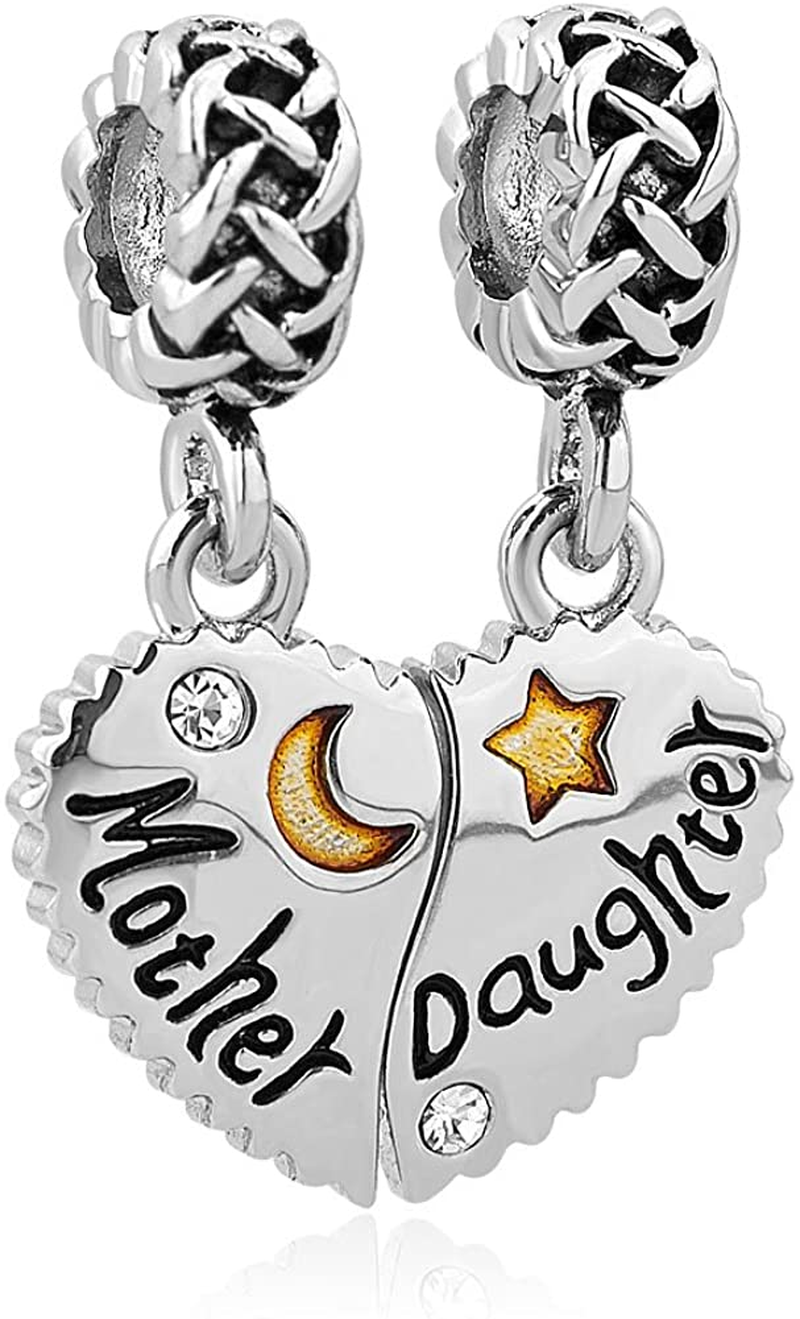 Mother Daughter Heart Love Dangle Charm Beads for Snake Chain Bracelets
