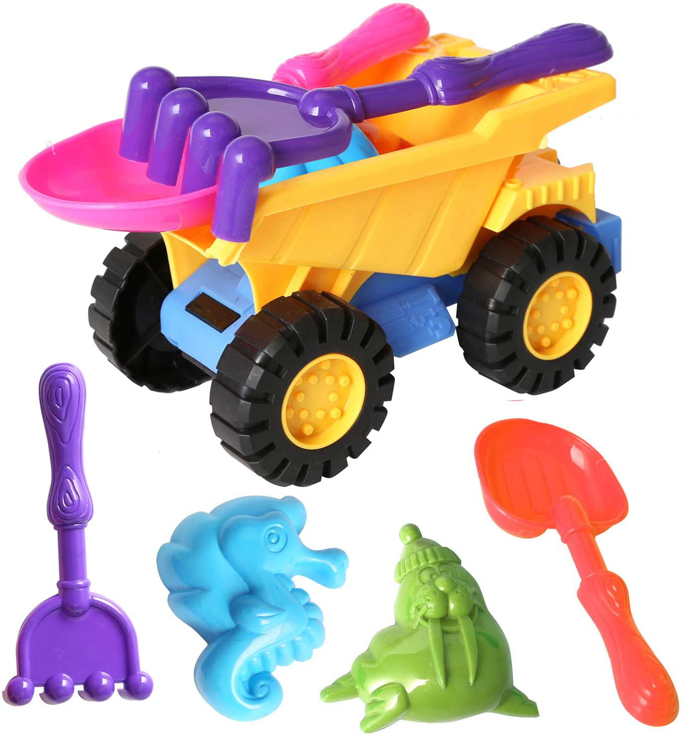 OUFOTAT Beach Toy Set for Kids - Including Shovel, Rake, Watering Can and Duck Waterwheel Random Color, Indoor Outdoor Sand Play Toys for Boys and Girls (4PCS Beach Toys 6231)