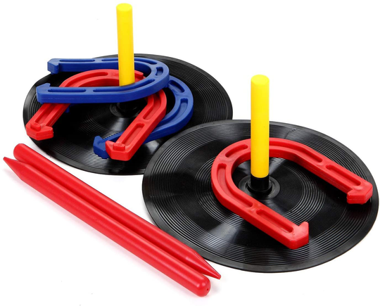 Win SPORTS Outdoor Indoor Rubber Horseshoes Set Includes 4 Horseshoes,2 Pegs,2 Rubber Mats,2 Red Plastic dowels,Beach Games Perfect for Tailgating,Camping,Backyard,Fun for Kids Adults