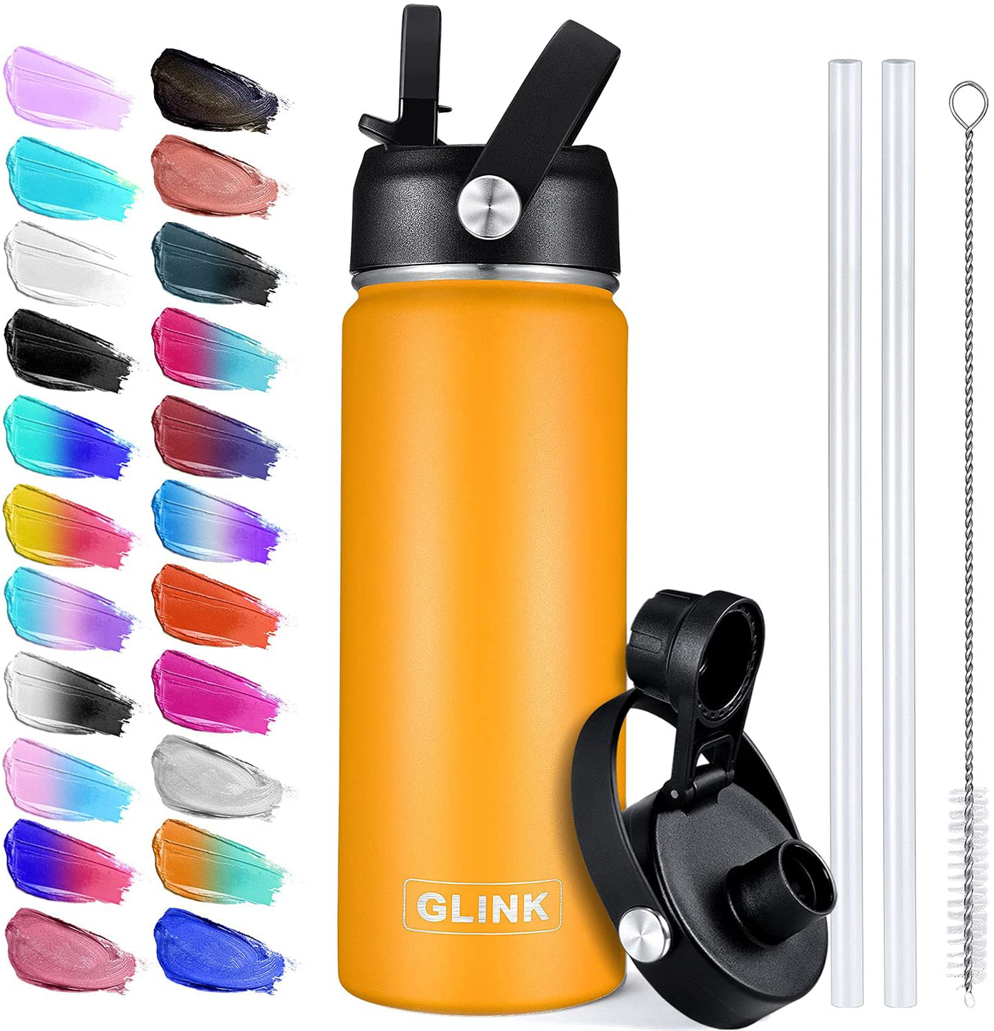 Glink Stainless Steel Water Bottle with Straw, 12-64 oz Wide Mouth Double Wall Vacuum Insulated Water Bottle Leakproof, Straw Lid and Spout Lid with New Rotating Rubber Handle