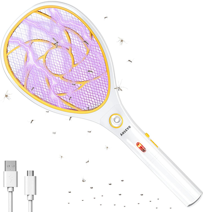 ANSEVO Bug Zapper Racket Electric Fly Swatter Electronic Mosquito Killer Removable Handle with USB Charging LED Lighting 3-Layer Protection for Indoor and Outdoor -Kill Insects, Gnats（Yellow）