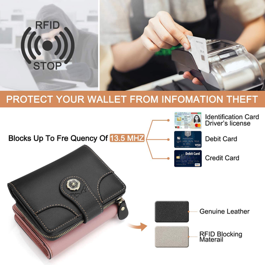 Women Premium Genuine Leather Wallet Credit Card Clutch Wallets,RFID Blocking Zipper Pocket Purse with ID Window