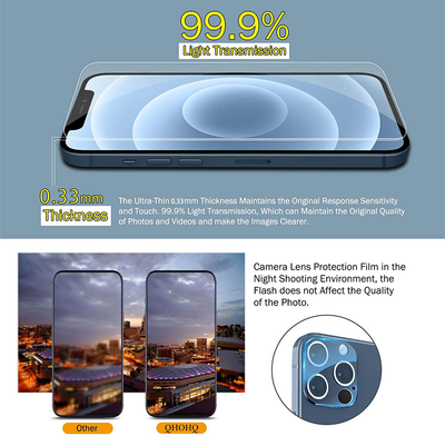QHOHQ 3 Pack Screen Protector for iPhone 12 Pro Max [6.7”] with 2 Packs Tempered Glass Camera Lens Protector, Tempered Glass Film, 9H Hardness - HD - 2.5D Edge - Bubble Free - Scratch Resistant