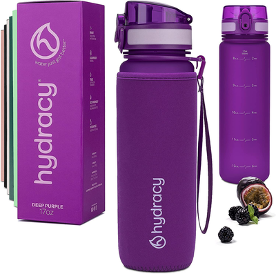 Hydracy Water Bottle with Time Marker - 500 ml 17oz BPA Free Water Bottle -Leak Proof & No Sweat Gym Bottle with Fruit Infuser Strainer -Ideal Gift for Fitness, Sports & Outdoors - Berry Blue