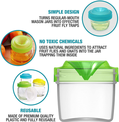 Masontops Trap Caps - Reusable Indoor/Outdoor Fruit Fly Trap Catching Lids - Fits Any Regular Mouth Mason Jar - 4 Pack