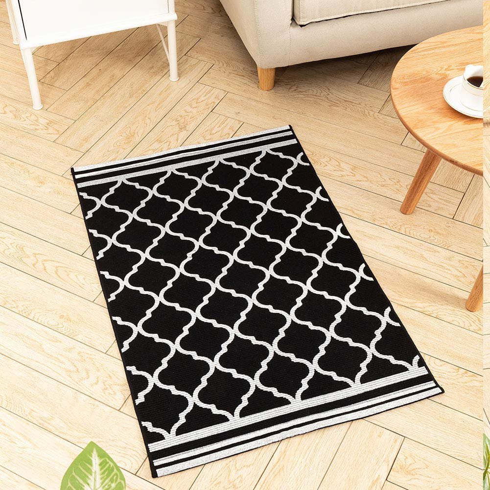 Black Small Moroccan Woven Kitchen Rug 2'x4.3', Printed Diamond Trellis Geometric Pattern Area Rugs for Bathroom Laundry Living Room, Door Mat