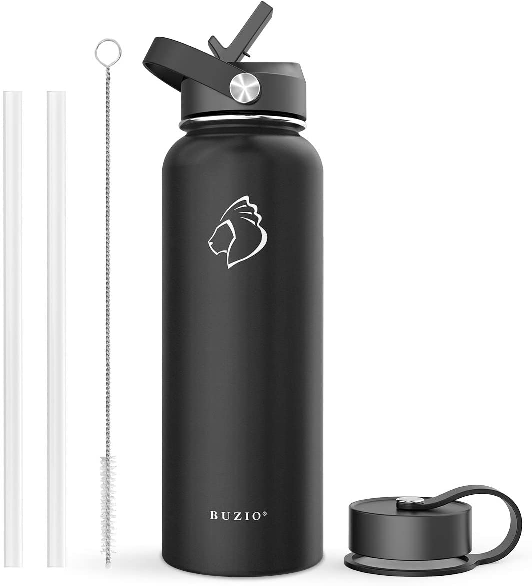 BUZIO Insulated Water Bottle with Straw Lid and Flex Cap, 32oz, 40oz, 64oz, 87oz Modern Double Vacuum Stainless Steel Water Flask, Cold for 48 Hrs Hot for 24 Hrs Simple Thermo Canteen Mug,BPA-Free