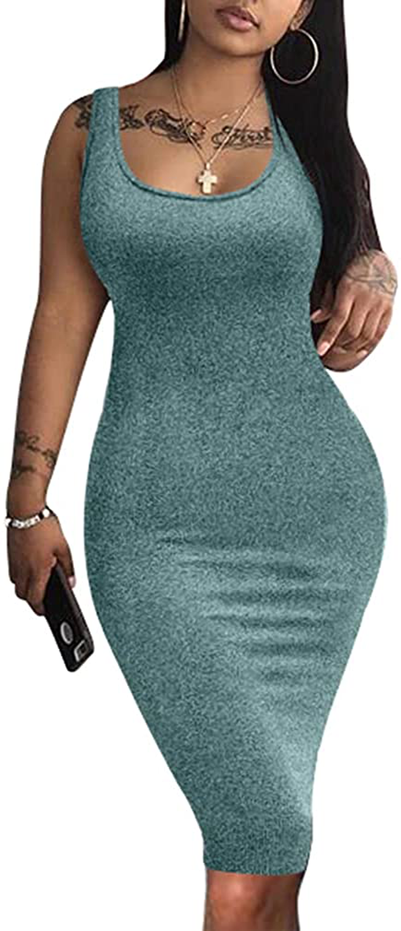 LAGSHIAN Women's Sexy Bodycon Tank Dress Sleeveless Basic Midi Club Dresses