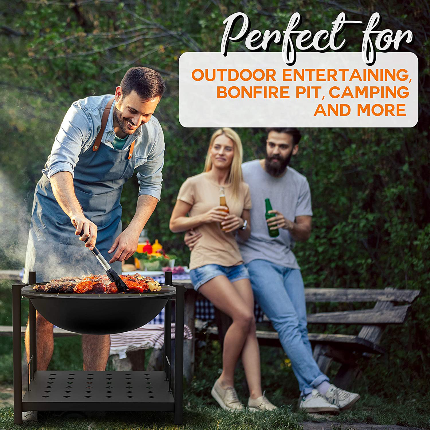 Portable Outdoor Wood Fire Pit - 2-in-1 Steel BBQ Grill 26" Wood Burning Fire Pit Bowl w/ Mesh Spark Screen, Cover Log Grate, Wood Fire Poker for Camping, Picnic, Bonfire - SereneLife SLCARFP54