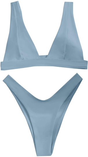 SheIn Women's Solid High Cut Thong Bikini Swimsuit Padded Plunging Bathing Suit