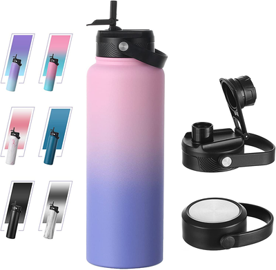 Bluego 32oz Stainless Steel Water Bottle with 3 Lids -Straw-Spout-Handle Lids, Vacuum Wide Mouth Reusable Metal Water Bottles,Keeps Hot and Cold Leak-Proof Sports Flask-PinkBule