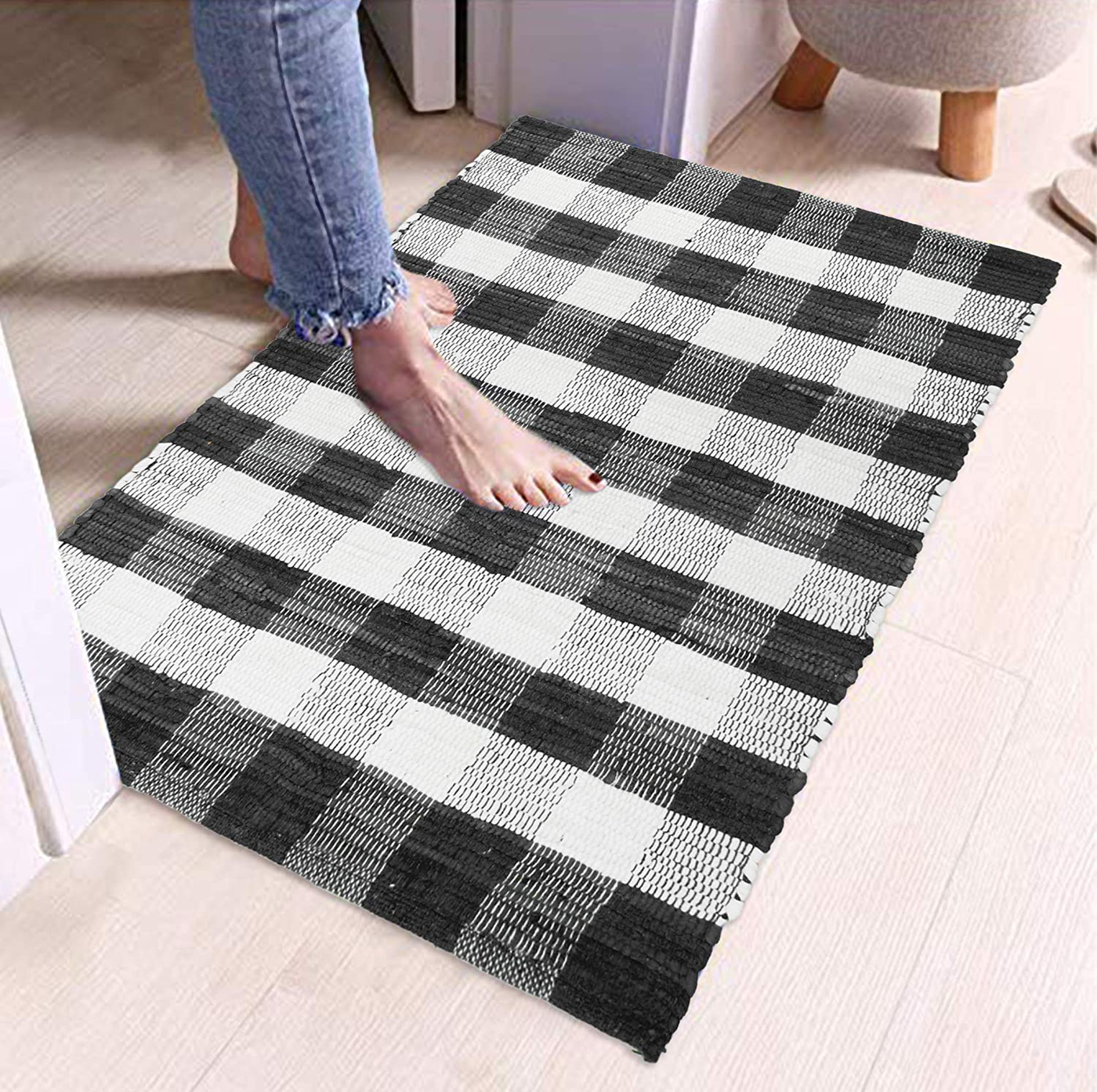 GLAMBURG Cotton Reversible Area Rug 3' x 5' Farmhouse Floor Mat, Handwoven Washable Carpet Checkered Plaid Rug for Front Porch Living Room Kitchen Bedroom - Blue White