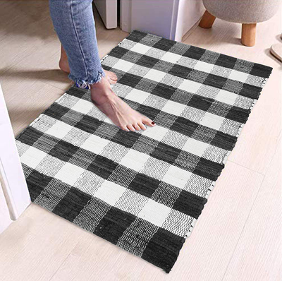 GLAMBURG Cotton Reversible Area Rug 3' x 5' Farmhouse Floor Mat, Handwoven Washable Carpet Checkered Plaid Rug for Front Porch Living Room Kitchen Bedroom - Blue White