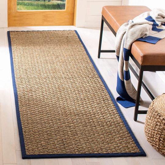 Safavieh Natural Fiber Collection NF114E Border Basketweave Seagrass Runner, 2'6" x 12' , Blue