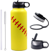 40 oz Softball Baseball Water Bottle, Flask Sports with 2 Lids 18/8 Stainless Steel Tumbler Double Wall Vacuum Insulated Hot/Cold (40oz, Yellow Softball)