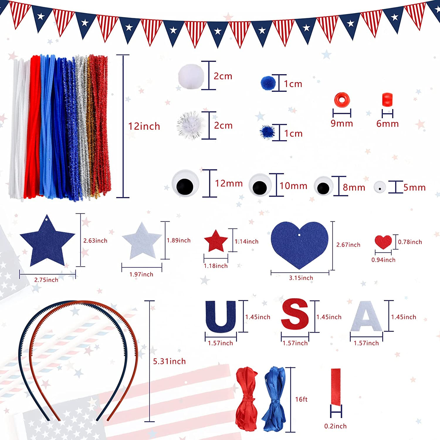 539-590 PCS Patriotic Headband Kit, 4th of July Headband Ornament Set Independence Day Hair Decor Crafts for Kids Party Favors Decorations