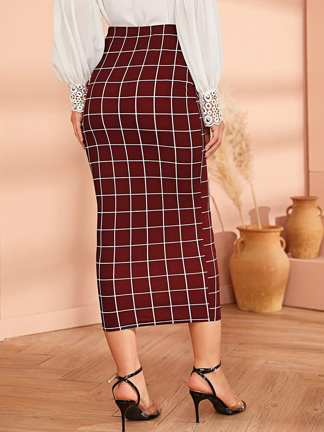 Verdusa Women's Elegant Plaid Elastic Waist Bodycon Midi Skirt