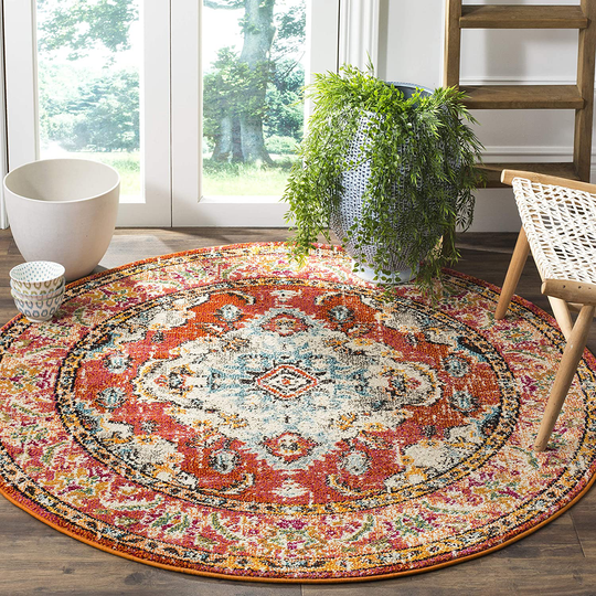 Safavieh Monaco Collection MNC243H Boho Chic Medallion Distressed Non-Shedding Stain Resistant Living Room Bedroom Area Rug 4' x 4' Round Orange/Light Blue
