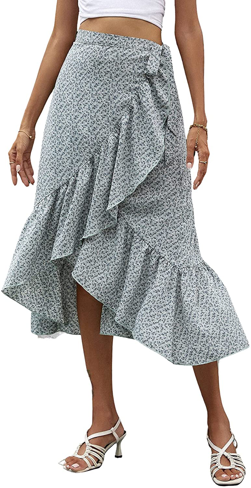 SheIn Women's Boho Ditsy Floral Knot High Waisted Wrap Split Midi Skirt