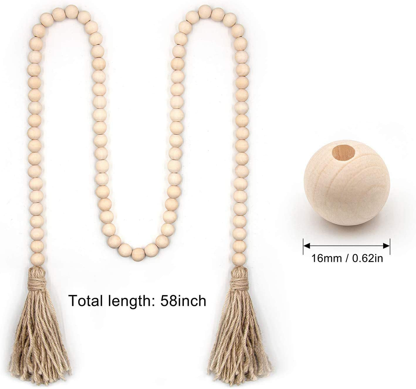 58in Wood Beads Garland Farmhouse Beads - Natural Prayer Wood String Beads Decorative Beads for Wall Hanging Vase Handle Door Decor