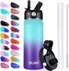 Glink Stainless Steel Water Bottle with Straw, 32oz Wide Mouth Double Wall Vacuum Insulated Water Bottle Leakproof, Straw Lid and Spout Lid with New Rotating Rubber Handle Aurora