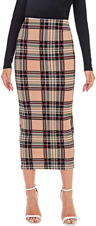 Verdusa Women's Elegant Plaid Elastic Waist Bodycon Midi Skirt