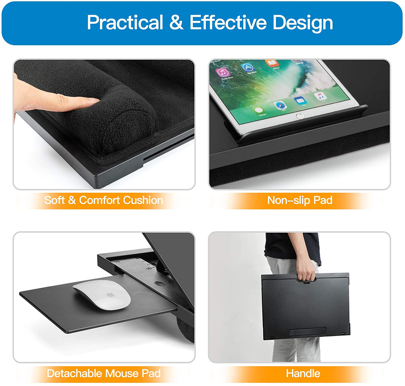 Adjustable Lap Desk - with 6 Adjustable Angles, Detachable Mouse Pad, & Dual Cushions Laptop Stand for Car Laptop Desk, Work Table, Lap Writing Board & Drawing Desk on Sofa or Bed by HUANUO