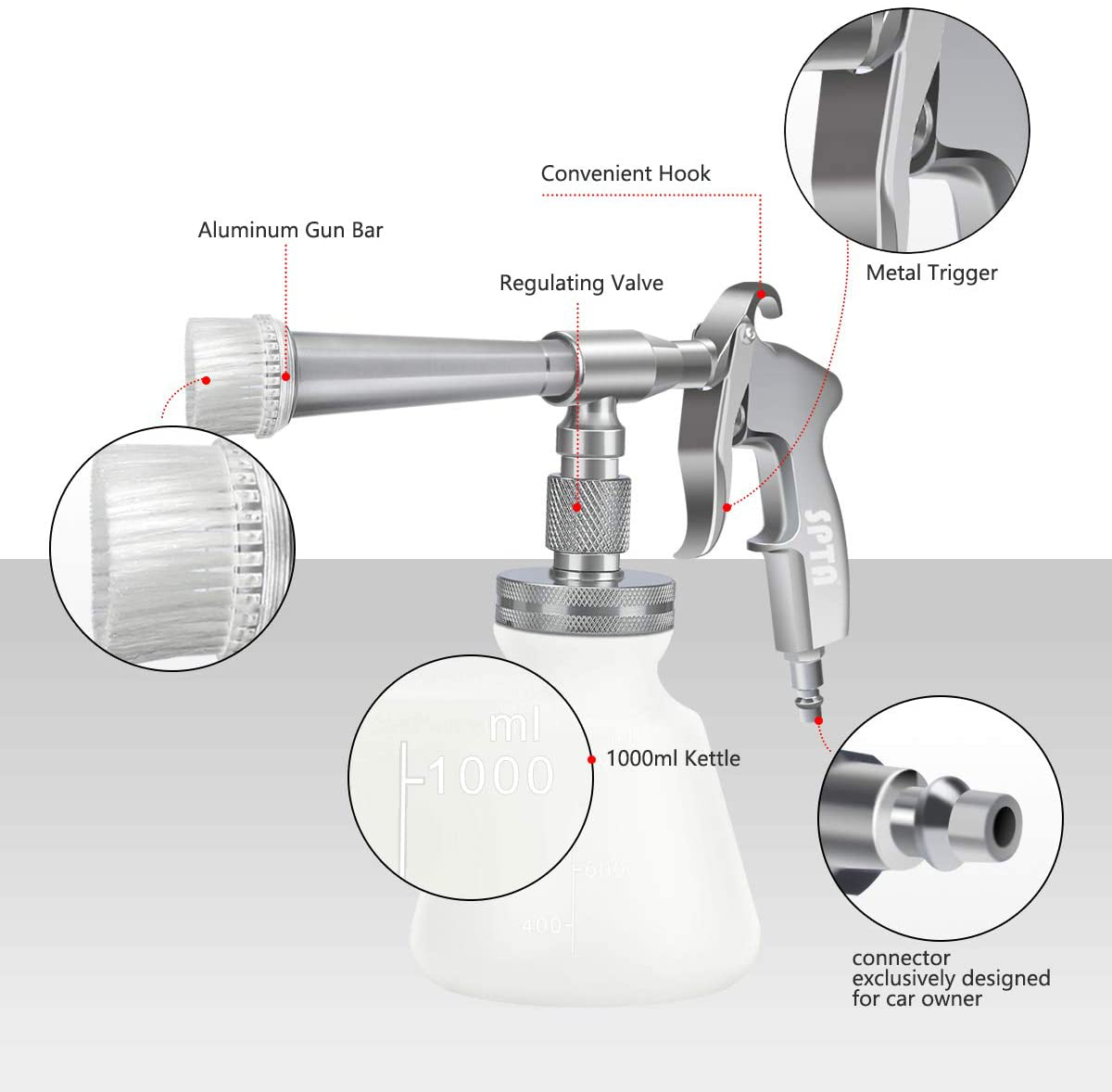 SPTA High Pressure Car Cleaning Gun, Cleaning Gun, Car Interior Washing Kit, Detailing Wash Gun with Metal Spinner for Seat Carpet Roof Dashboard, Essential Car Detailing Kit, 1L Bottle