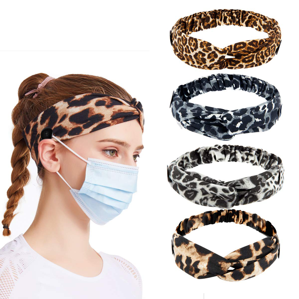 4pcs Button Headbands Set- Non Slip Elastic Headbands with Button in 4 Colors Hair Accessories for Women Men Moisture Wicking Sweatband Sports Head Wrap for Yoga Sports Outdoor Activities