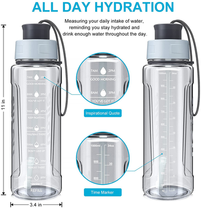 AIRON 34oz Sports Water Bottle - Leakproof & BPA Free Tritan with Time Marker & Removable Straw to Ensure You Drink Enough Water Throughout The Day for Fitness and Outdoor Sports