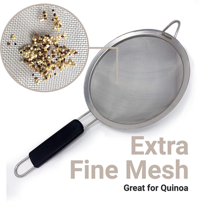Makerstep Set of 3 Stainless Steel Fine Mesh Strainers. Graduated Sizes 3.38", 5.5", 7.87" Strainer Wire Sieve Sifter with Insulated Handle for Kitchen Tools Gadgets