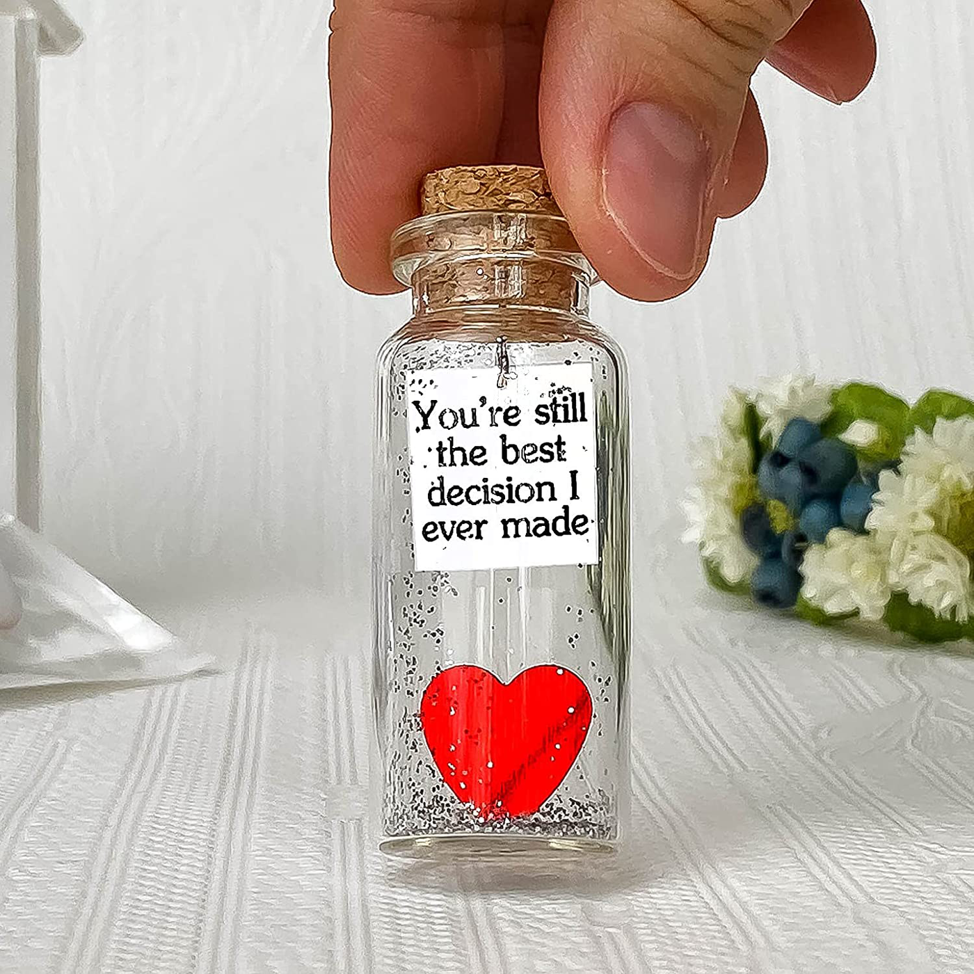 Heart and Message in a Bottle Love Present, Romantic Decoration for Boyfriend or Girlfriend, Anniversary Wish Jar with Card (Red Heart in a Bottle, You're Still the Best Decision I Ever Made)