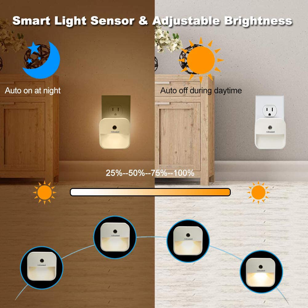 Alitamei Dimmable LED Night Light Plug-in Night Light Smart Dusk-to-Dawn Sensor for Bedroom, Bathroom, Kitchen, Hallway, Stairs, Warm White (1 Pack)