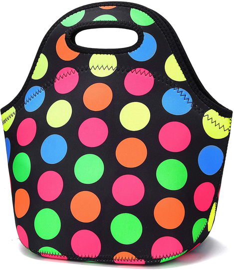 Neoprene Lunch Bags Insulated Lunch Tote Bags for Women Washable lunch container box for work picnic Lightweight Meal Prep Bags for Men Women (Big Colored Dots)