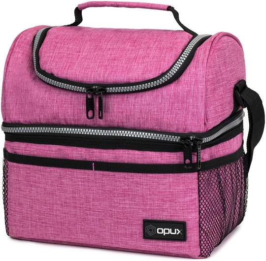 Insulated Dual Compartment Lunch Bag for Women, Ladies | Double Deck Reusable Lunch Box Cooler with Shoulder Strap, Leakproof Liner | Medium Lunch Pail for School, Work, Office (Heather Pink)