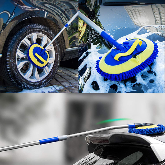 SPWOLFRT Car Wash Brush, Car Cleaning Mop with Adjustable Long Handle, Chenille Microfiber Car Wash Mitt Mop, Glass Scrabber 3 in 1 Vehicle Cleaner Kit (Blue)