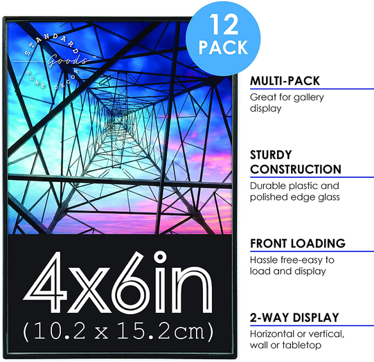 Standard Goods Home Décor 4x6 inch front loading picture frame, 12-pack of Black for wall or table, horizontal or vertical display