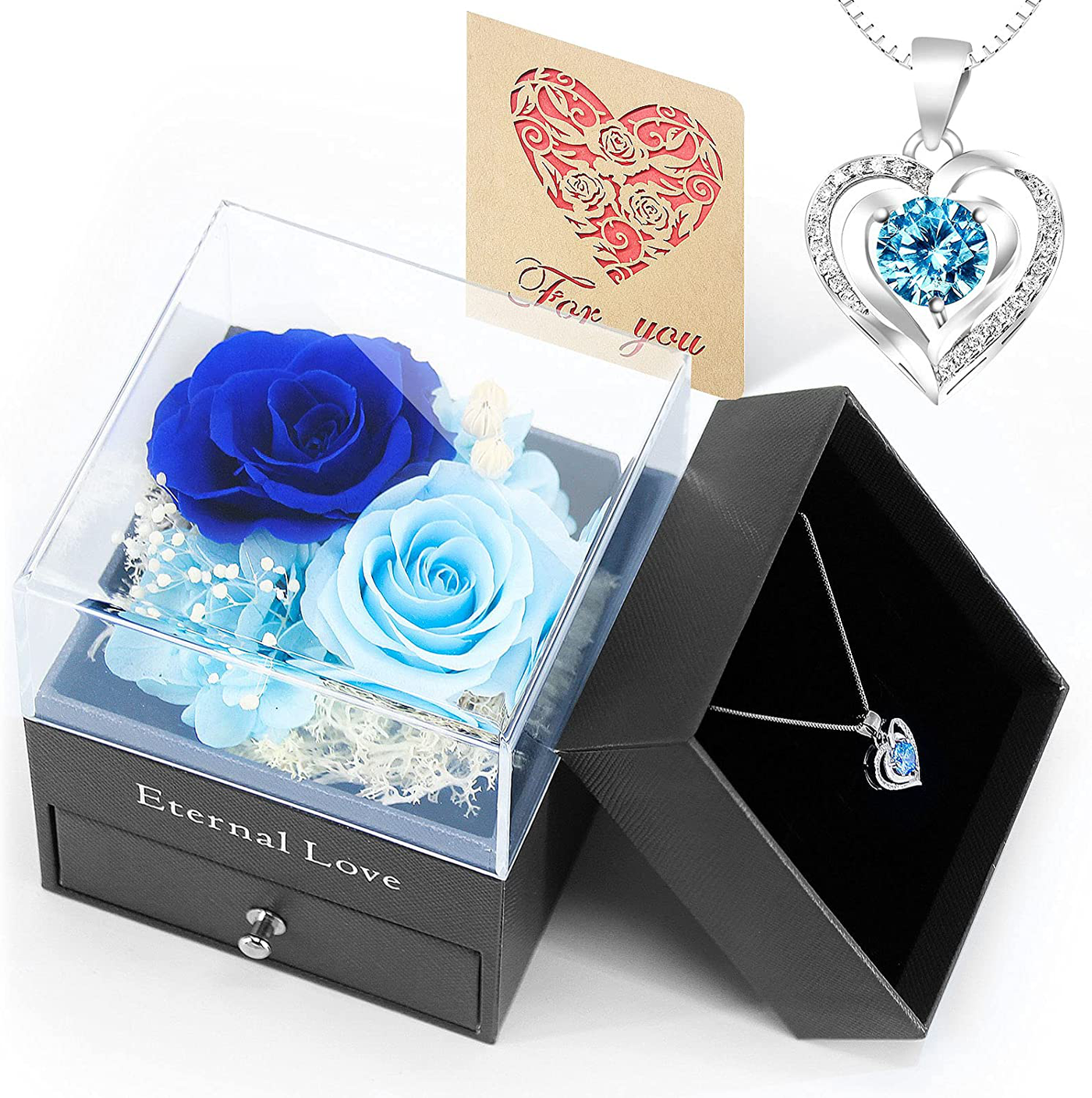 ATLYEROZ Eternal Rose with 14K Gold Plated Heart Necklace,Handmade Preserved Real Rose with Card Romantic Gift for Her,Girlfriend,Mother,Wife on Valentine's Day,Anniversary,Birthday,Xmas(Blue)
