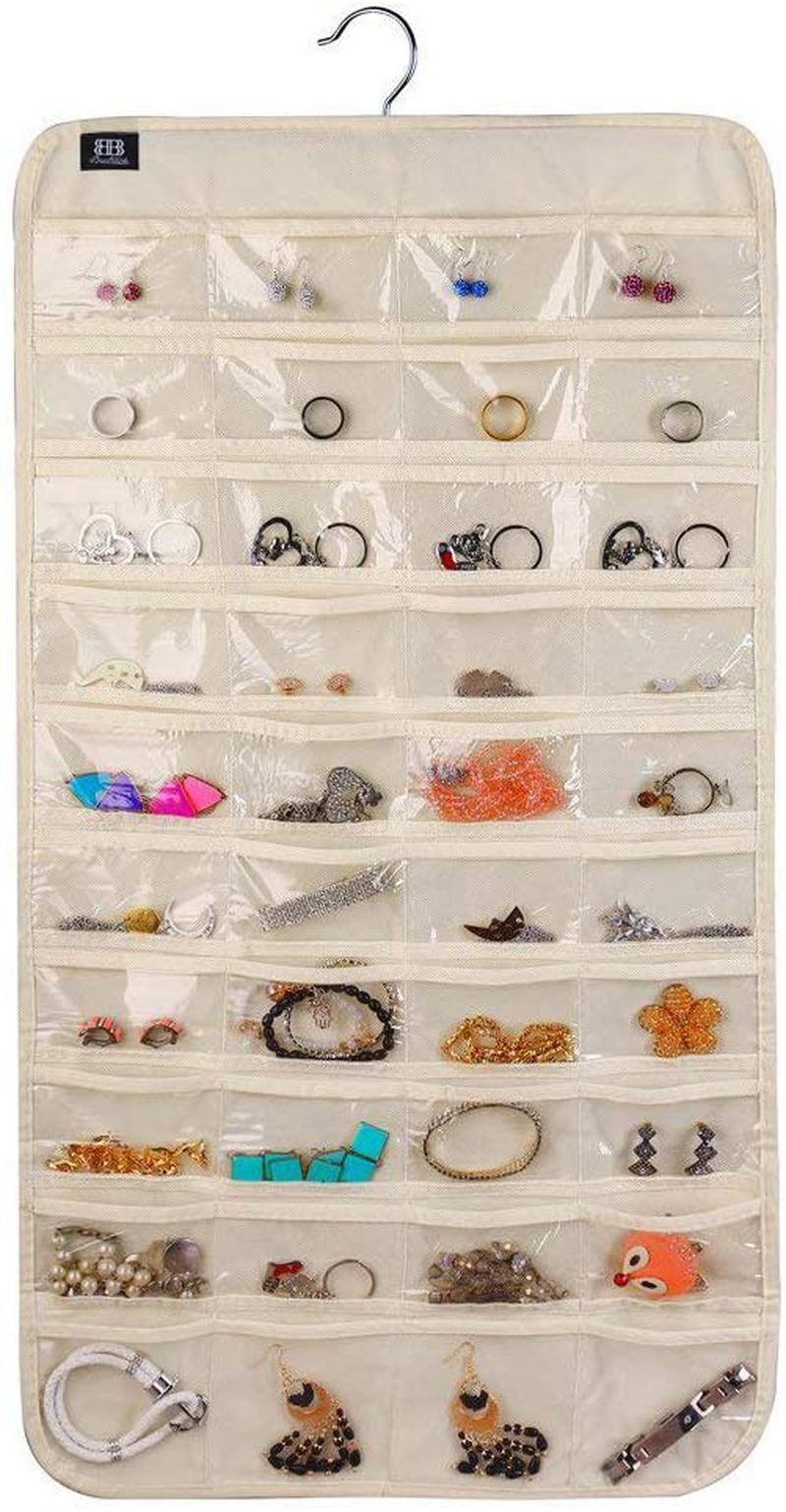 BB Brotrade Hanging Jewelry Organizer,Double Sided 56 Pockets&9 Hooks Accessories Organizer for Holding Jewelry(Beige-56 Pockets)