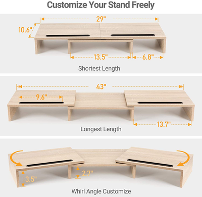 AMERIERGO Dual Monitor Stand Riser- 3 Shelf Screen Stand with Adjustable Length and Angle, 2 Extra Functional Slot Desktop Organizer Stand for PC, Computer, Laptop (Light Wood)