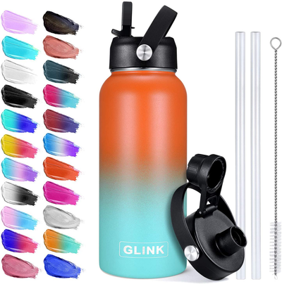 Glink Stainless Steel Water Bottle with Straw, 12-64 oz Wide Mouth Double Wall Vacuum Insulated Water Bottle Leakproof, Straw Lid and Spout Lid with New Rotating Rubber Handle