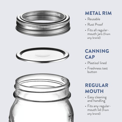 Regular-Mouth Glass Mason Jars, 16-Ounce (4-Pack) Glass Canning Jars with Silver Metal Airtight Lids and Bands with Measurement Marks, for Canning, Preserving, Meal Prep, Overnight Oats, Jam, Jelly,