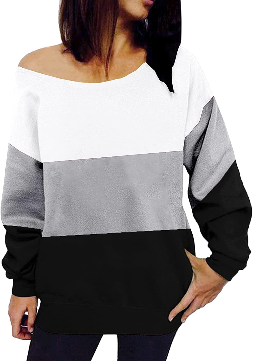 GSVIBK Womens Long Sleeve Off Shoulder Sweatshirt Soft Pullover Tops Slouchy Sweatshirts Casual Solid Shirts