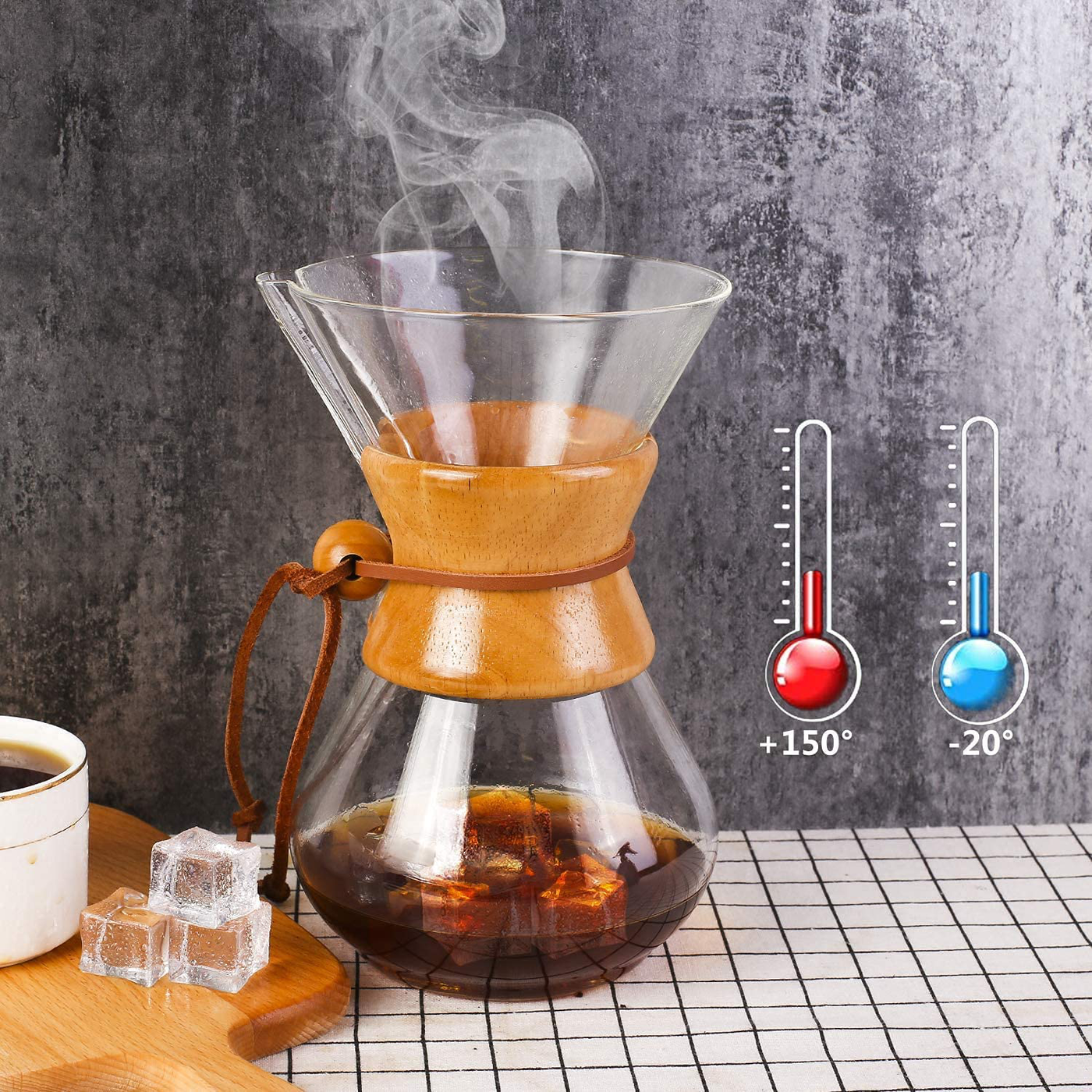 Pour Over Coffee Maker, Phyismor 34 oz Borosilicate Glass Carafe Manual Coffee Dripper Brewer with Real Wood Sleeve