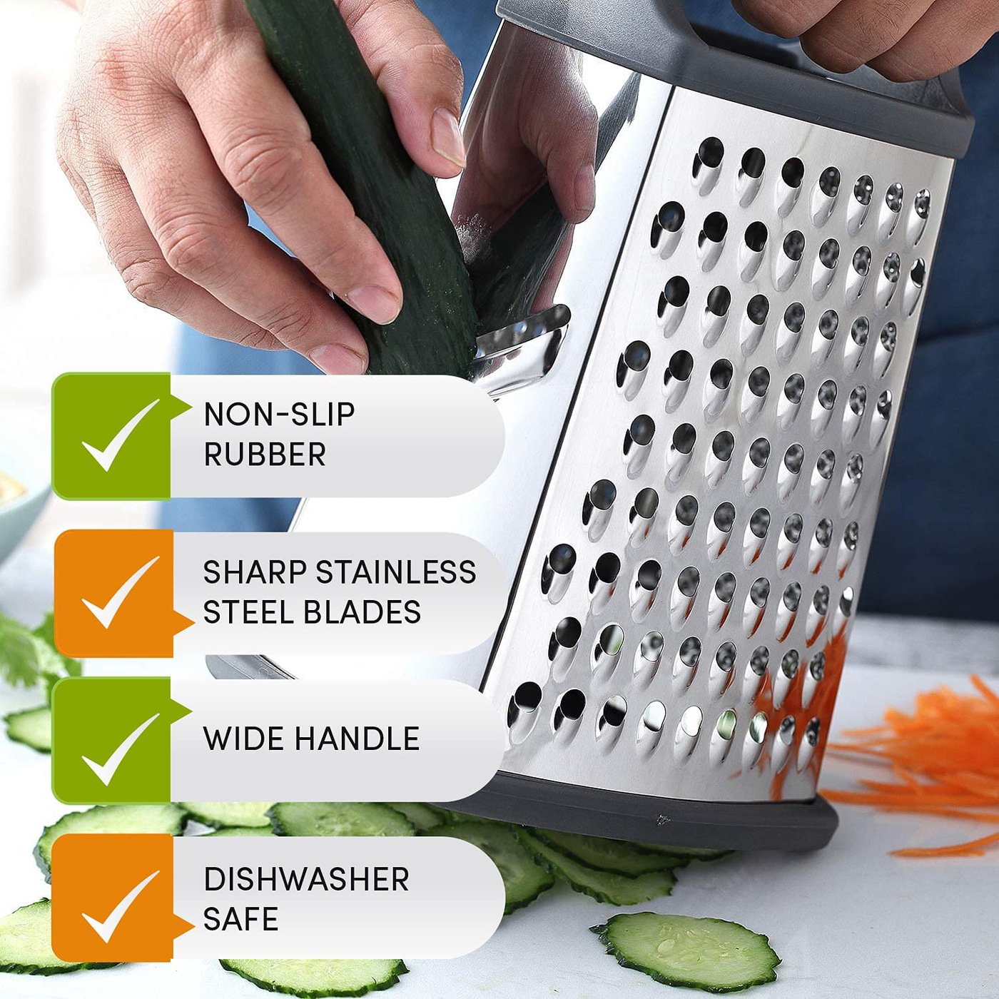 Spring Chef Professional Box Grater, Stainless Steel with 4 Sides, Best for Parmesan Cheese, Vegetables, Ginger, XL Size, Red