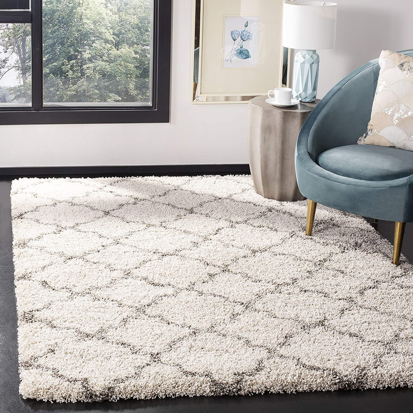 SAFAVIEH Hudson Shag Collection SGH282L Moroccan Trellis Non-Shedding Living Room Bedroom Dining Room Entryway Plush 2-inch Thick Area Rug, 3' x 3' Square, Slate Blue / Ivory