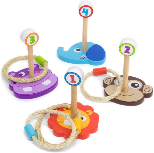 Imagination Generation Jungle Ring Toss Game, Indoor/Outdoor Family Fun with 4 Wooden Zoo Animal Targets