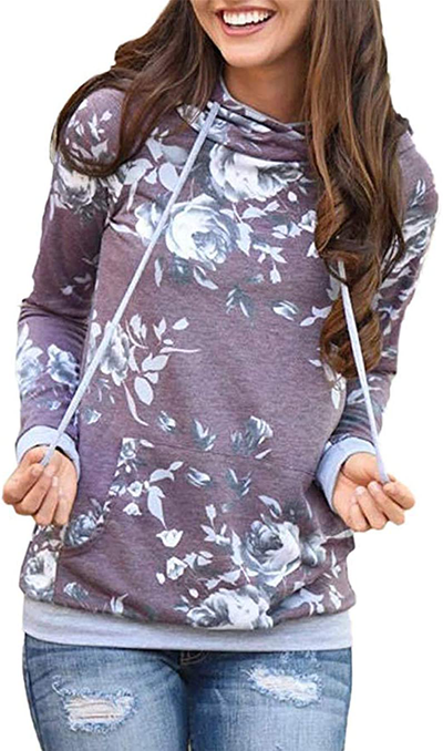 Barlver Women's Casual Hoodies Long Sleeve Sweatshirts Cowl Neck Drawstring Hooded Pullover Top with Pockets