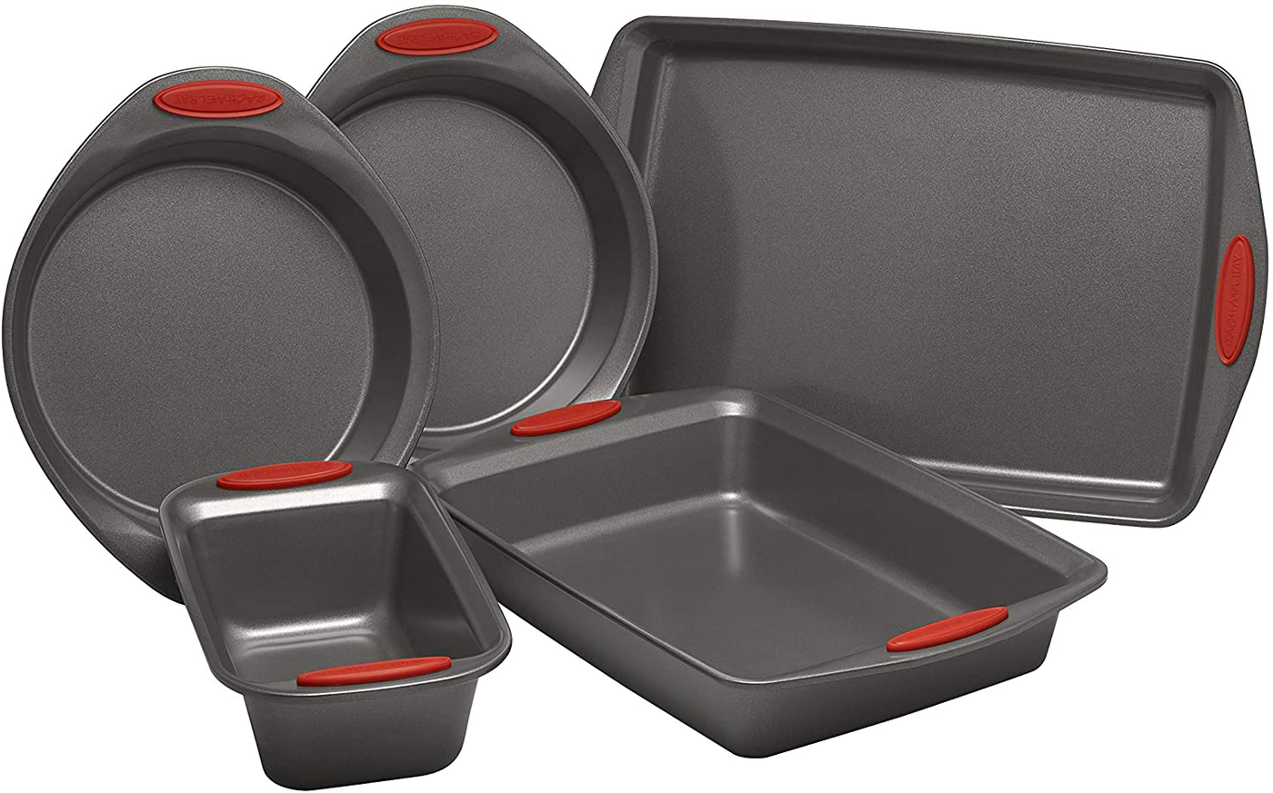 Rachael Ray Nonstick Bakeware Set with Grips includes Nonstick Baking Pans, Baking Sheet and Nonstick Bread Pan - 5 or 10 Piece